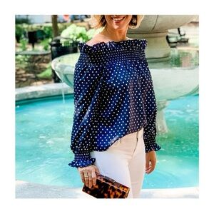 Tuckernuck Marguerite Navy Polka Dot Off-Shoulder Blouse